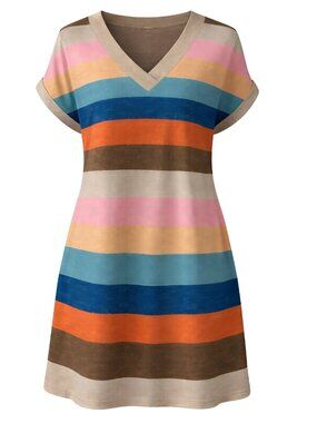 Women's T-Shirt Short Sleeve Dress, Knee Length, COLORFUL STRIPE, Size MEDIUM